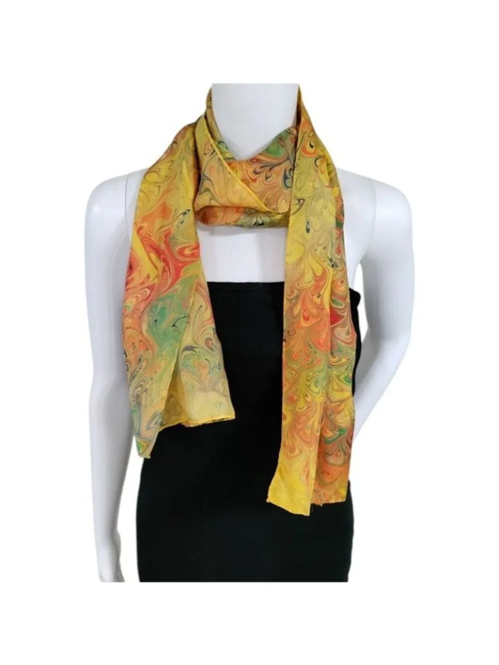 Vintage Sunny Rainbow Dyes Hand-Marbled Silk Scarf Neckwear Multicolor Length 28